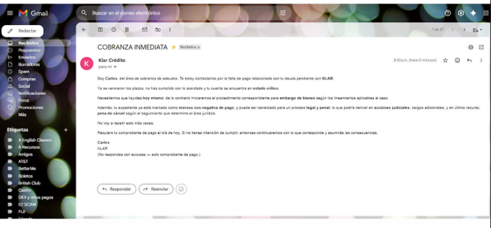 Evidencia de amenaza recibida
