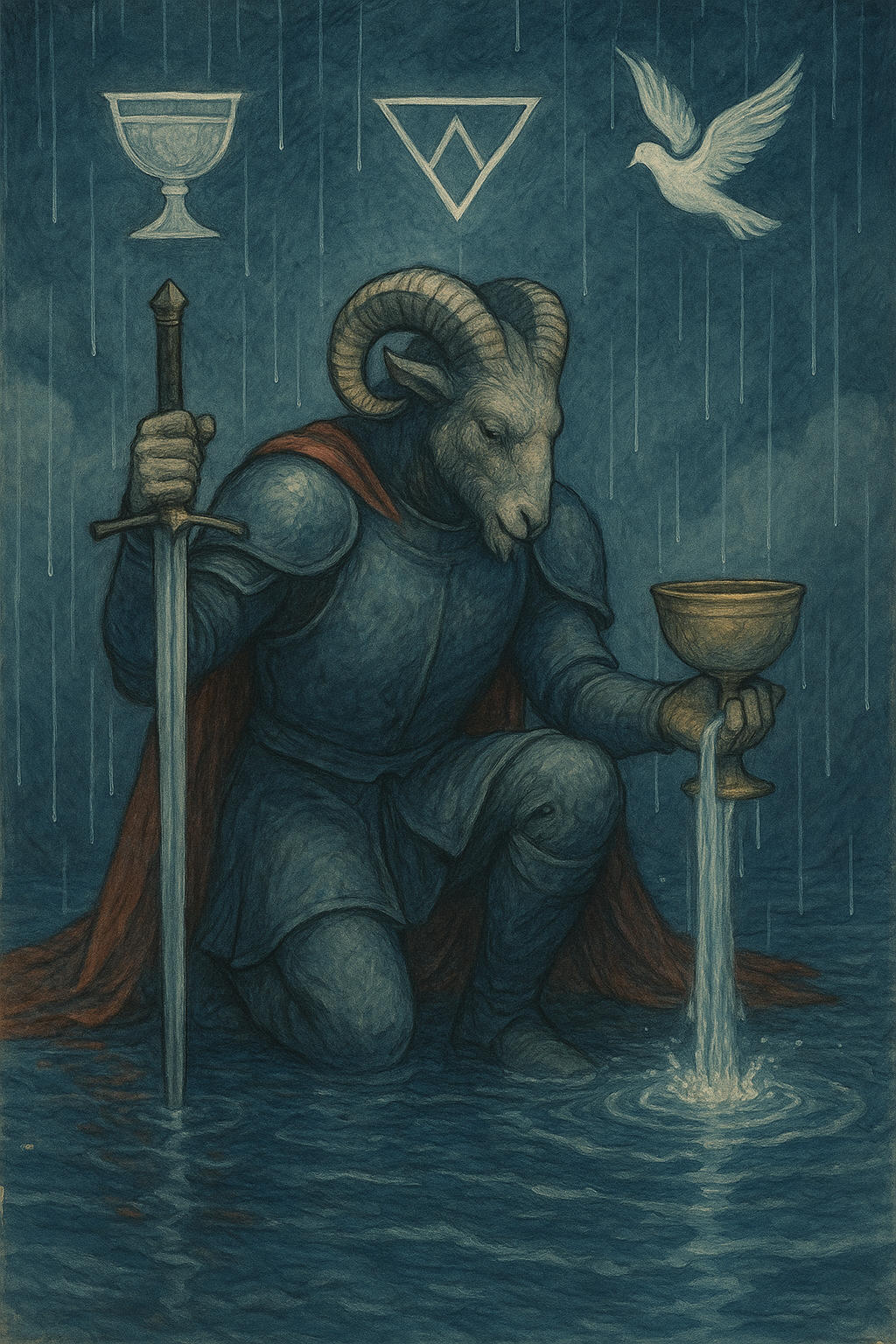 Aries noble arrodillado en el agua, con cáliz y espada bajo símbolo sagrado