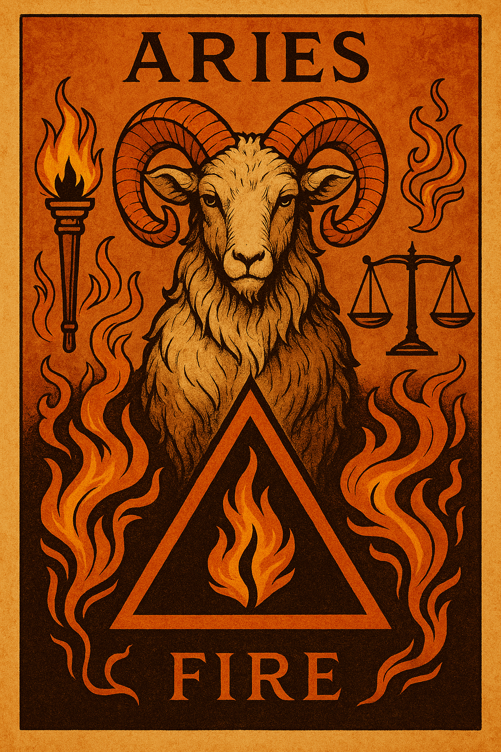 Aries de fuego con antorcha, balanza y triángulo de justicia