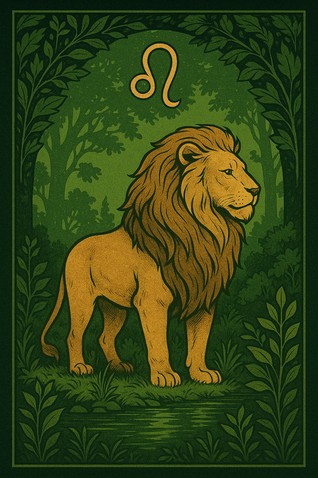 León dorado en un bosque verde