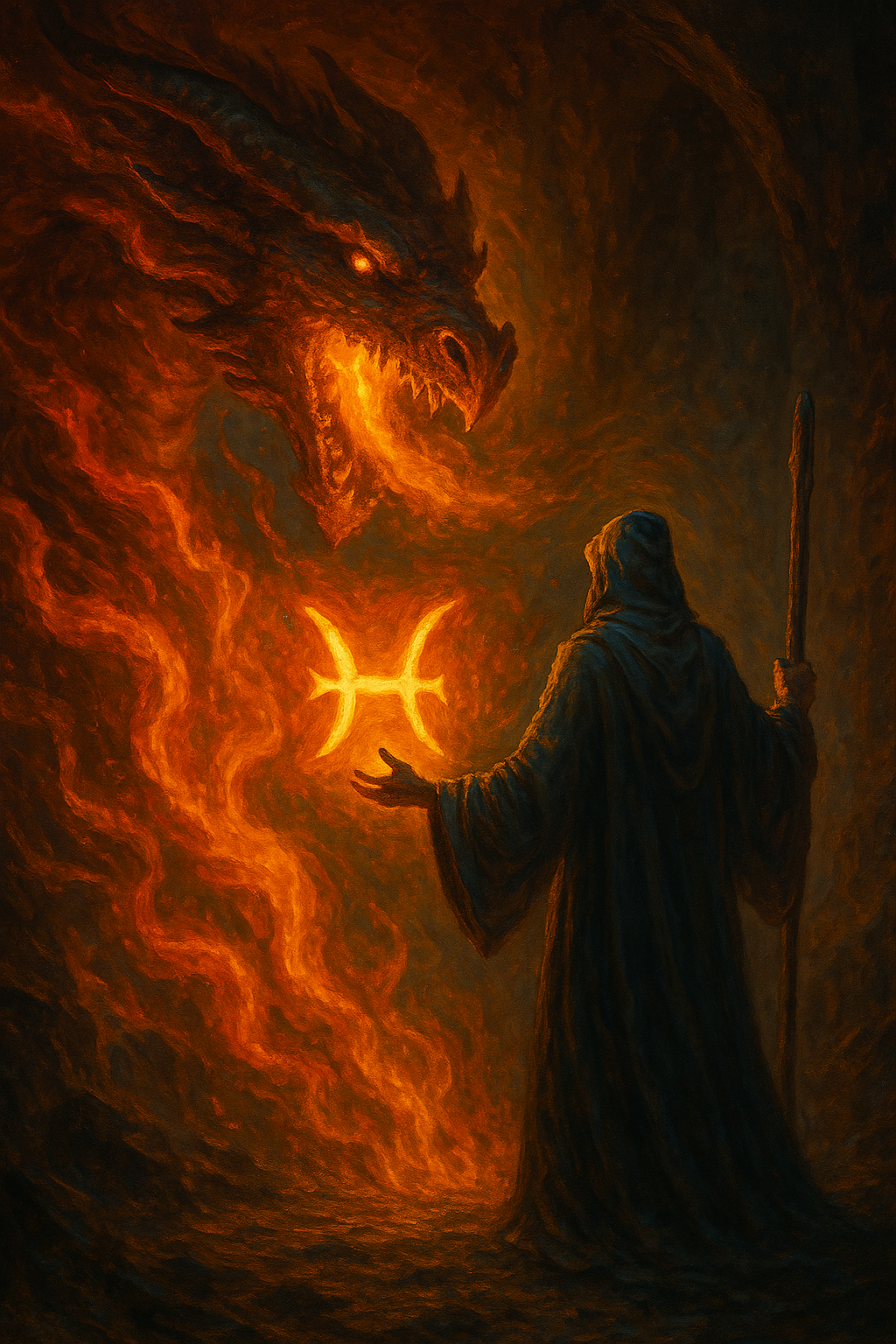 Piscis enfrentando al dragón de fuego